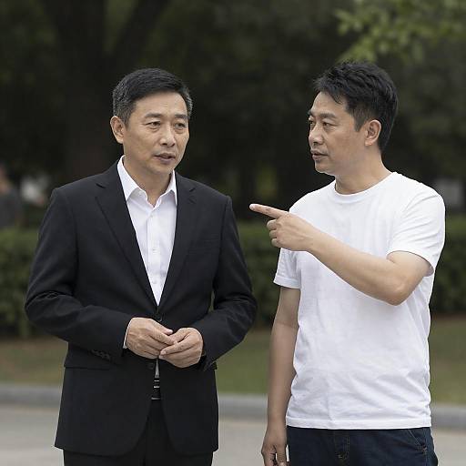 Two Men Pointing and Talking in Park