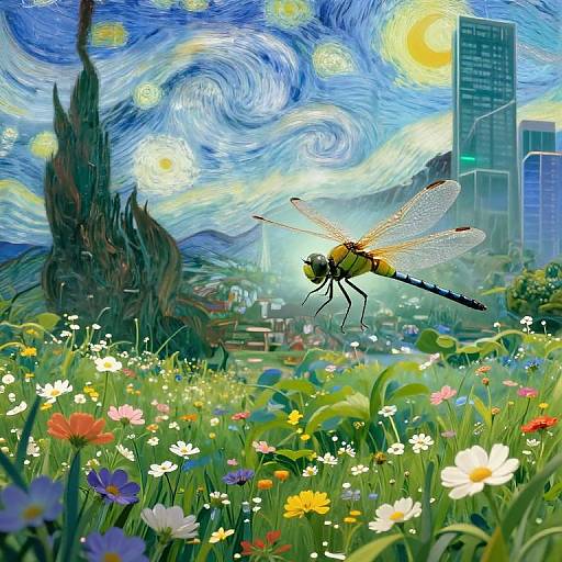 Digital artwork: Vibrant dragonfly with translucent wings hovers over a colorful meadow of flowers, set against a swirling blue sky with suns and