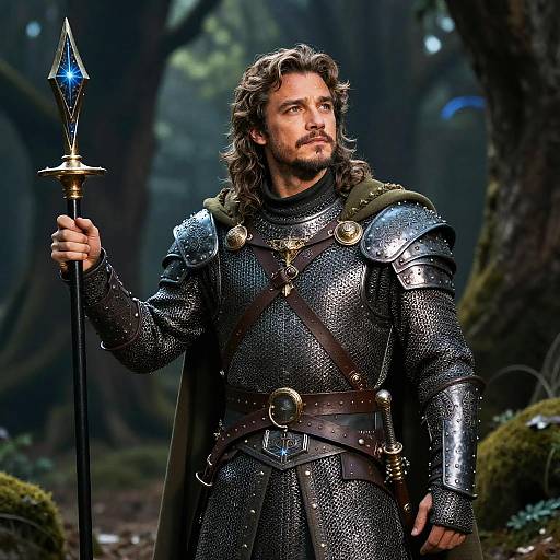 Photorealistic CGI of a handsome, curly-haired man in shining medieval armor holding a blue-tipped spear in a mystical forest.