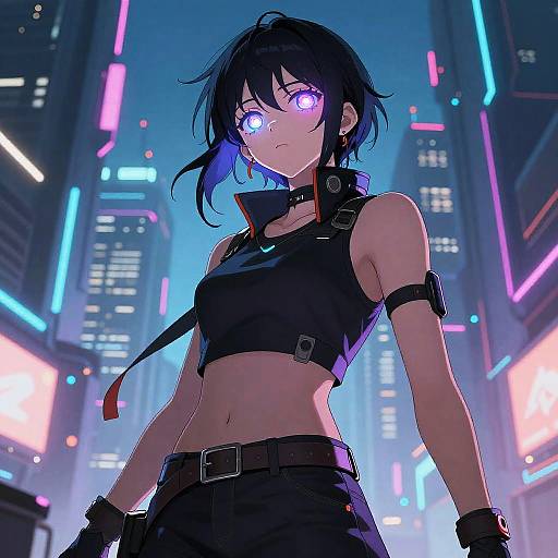 Cyberpunk anime girl with glowing purple eyes, black crop top, and arm straps, stands in a neon-lit city street. Digital art.