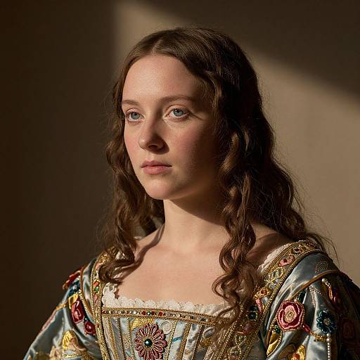 Photograph of a young Caucasian woman with long, wavy brown hair, wearing an ornate, gold-embellished, medieval-style dress,
