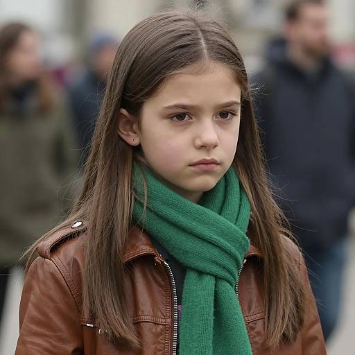 Serious Young Girl in Leather Jacket and Green Scarf