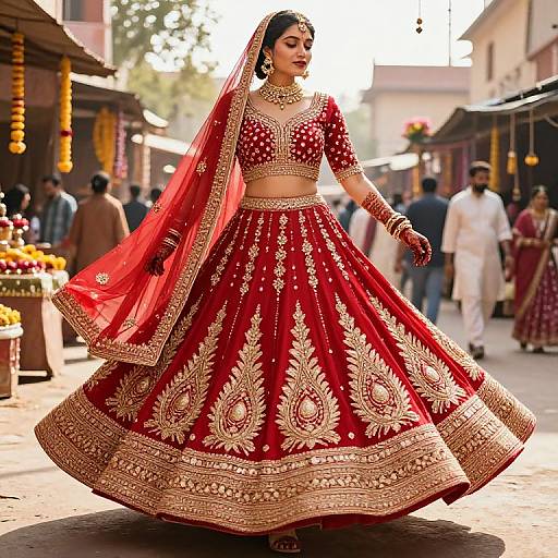 Vibrant Crimson Lehnga in Festive Market
