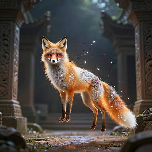 Digital artwork of a glowing, red-orange fox with sparkling fur, standing in a mystical, ancient ruin with dark, ornate pillars.