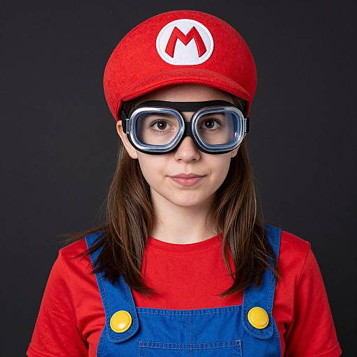 Photograph of a young girl with fair skin, brown hair, wearing a red Mario hat, oversized black goggles, red shirt, and blue overalls