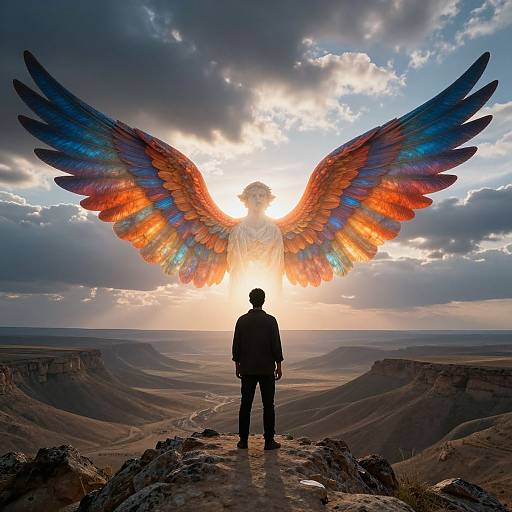 Silhouetted man with large, colorful, rainbow-winged backlit figure stands on rocky cliff, overlooking vast desert landscape at sunset. Photoreal