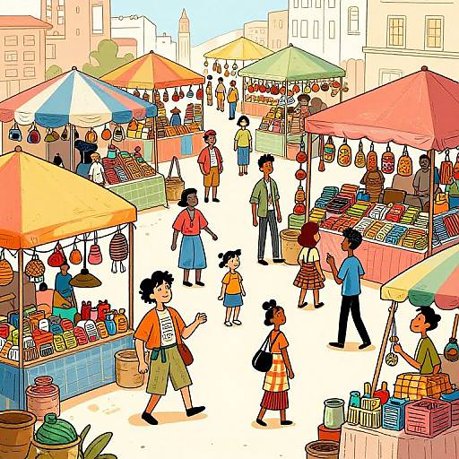 Vibrant digital illustration of a busy outdoor market with colorful umbrellas, diverse shoppers, and various stalls selling pottery and goods.