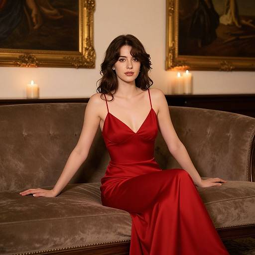 Photograph of a pale-skinned woman with dark wavy hair, wearing a red satin dress, sitting on a brown velvet couch in a dimly