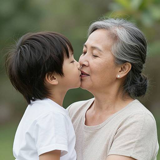 Photograph of an elderly Asian woman with gray hair, pearl earrings, white shirt, kissing a young Asian boy with black hair, white shirt, in