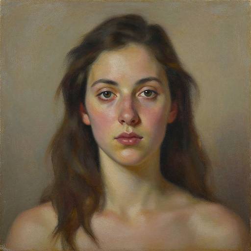 Realistic digital painting of a young woman with long brown hair, fair skin, and soft pink cheeks, gazing directly at the viewer, set against