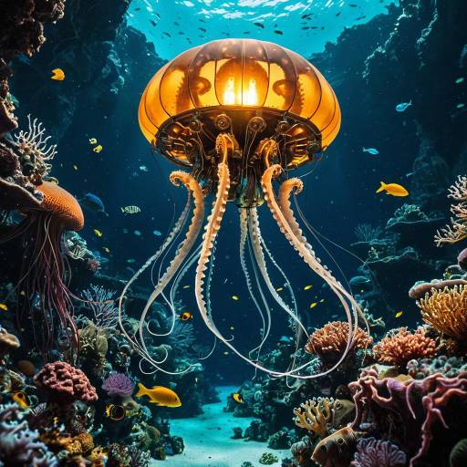 Steampunk Mechanical Jellyfish in Underwater Cavern