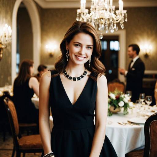 Elegant Woman in Black Dress at Dinner Party