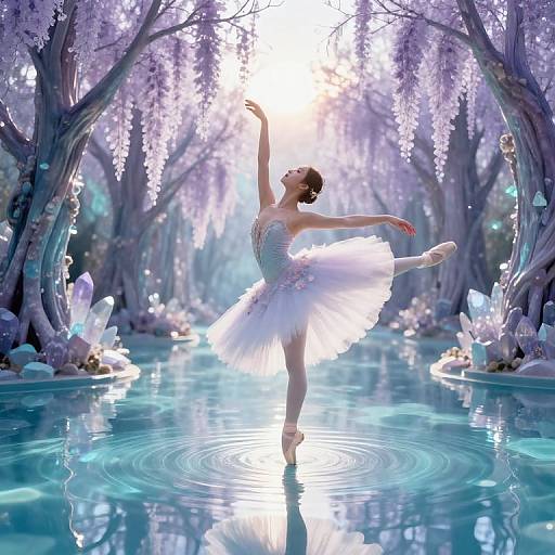 Digital painting of a ballerina in a white tutu, standing en pointe in a shimmering, magical forest pond, surrounded by glowing crystals