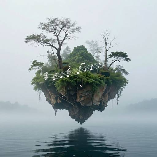 Mystical Floating Island Over Tranquil Sea
