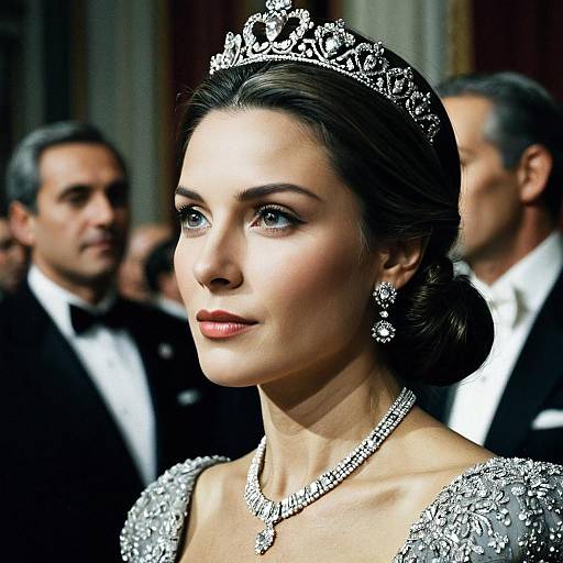 Photograph of a fair-skinned, dark-haired woman with blue eyes, wearing a sparkling tiara, diamond earrings, and a silver-embell