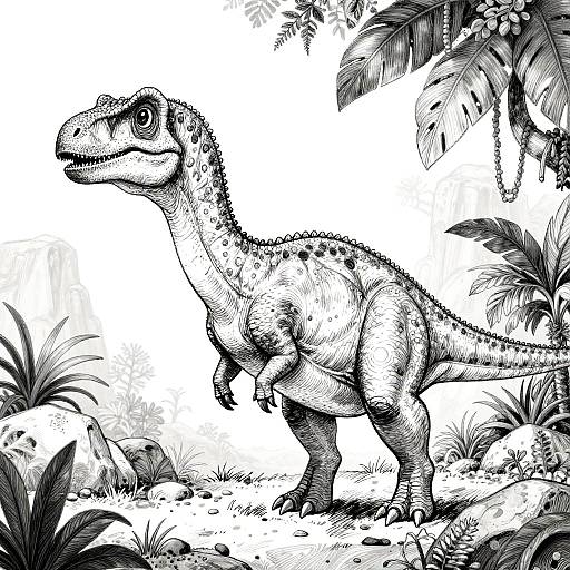 Black and white ink drawing of a detailed, textured dinosaur standing in a lush, palm-filled jungle with rocks and foliage.