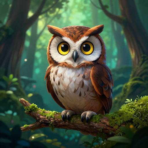 Digital illustration of a large, adorable owl with bright yellow eyes and brown and white feathers, perched on a mossy tree branch in a vibrant,