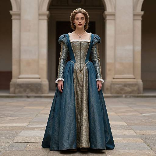 Photograph of a fair-skinned woman with brown hair in a medieval-style blue gown with silver bodice, white lace cuffs, and crown, standing