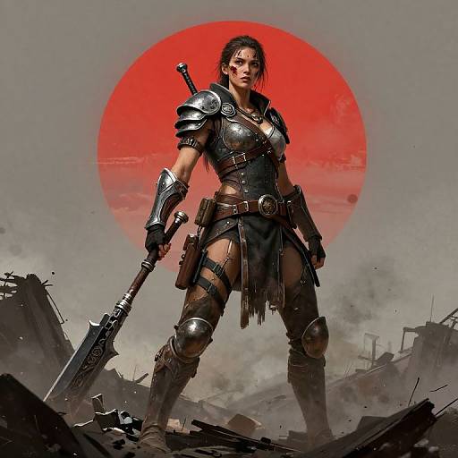 Digital artwork of a fierce, armored woman with a sword, standing in ruins against a red sun, exuding strength and determination.
