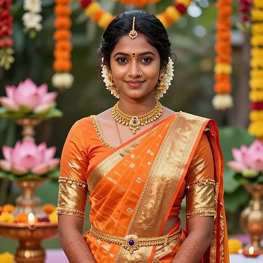 Photograph of a beautiful Indian bride in an orange and gold saree, adorned with gold jewelry, standing in a colorful, floral-decorated background