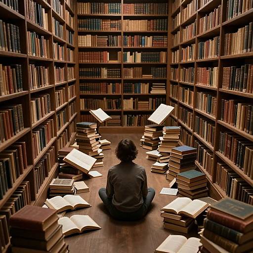 Photograph of a person with curly hair, sitting cross-legged in a library, surrounded by scattered open books and stacks, facing tall wooden bookshelves