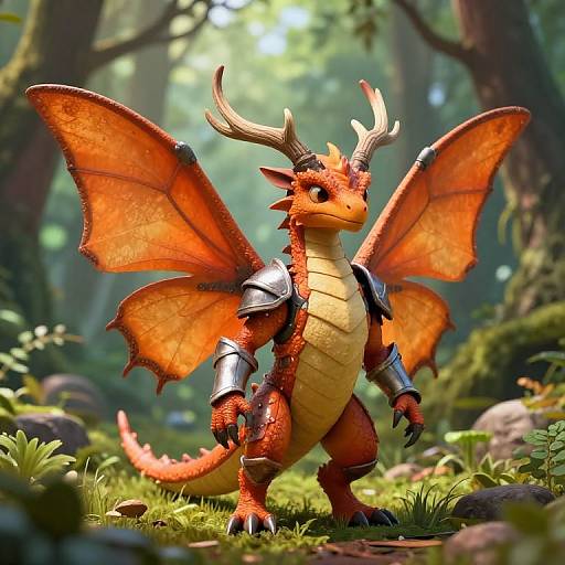 CGI image of a vibrant orange dragon with large, membranous wings and silver armor standing in a sunlit forest.