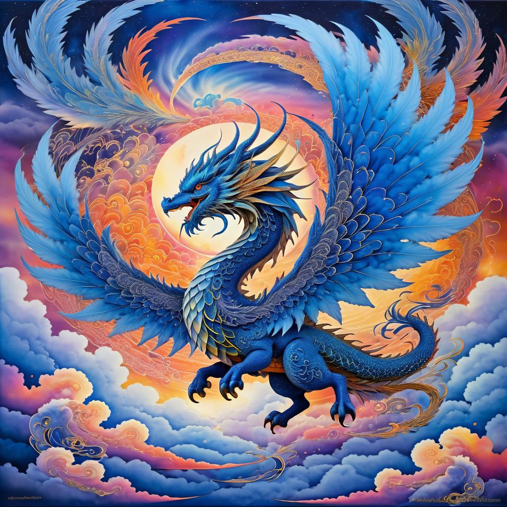 Surreal Blue-Winged Dragon in Vibrant Sky