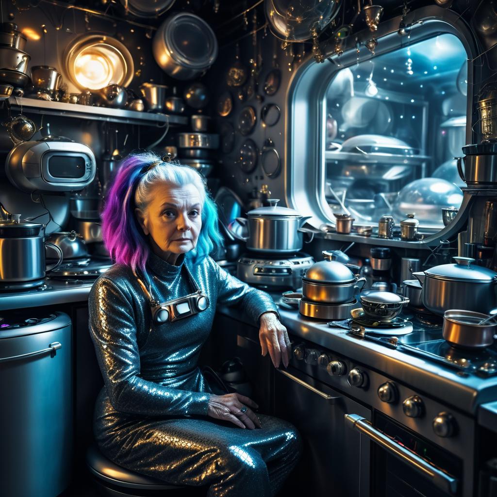 Grumpy Alien Woman in Cluttered Kitchen