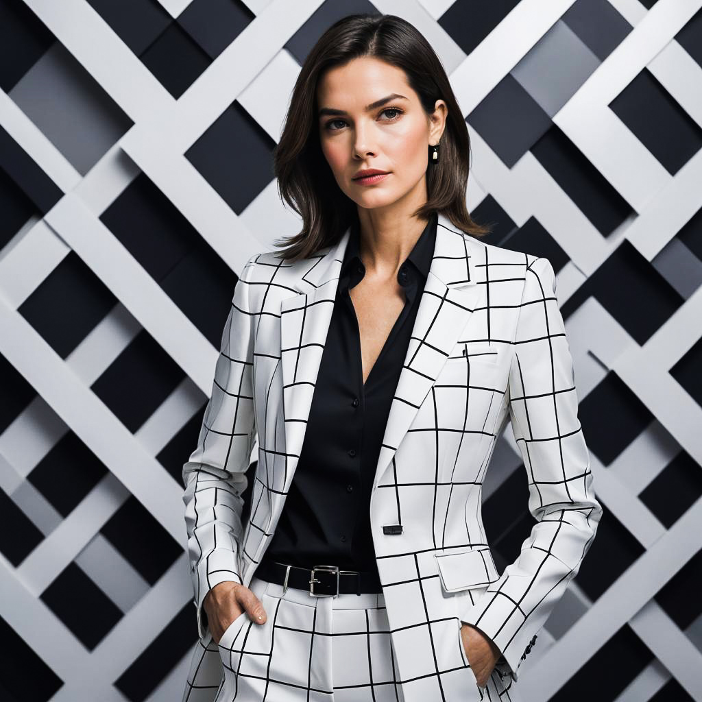 Elegant Businesswoman in Geometric Mosaic Studio