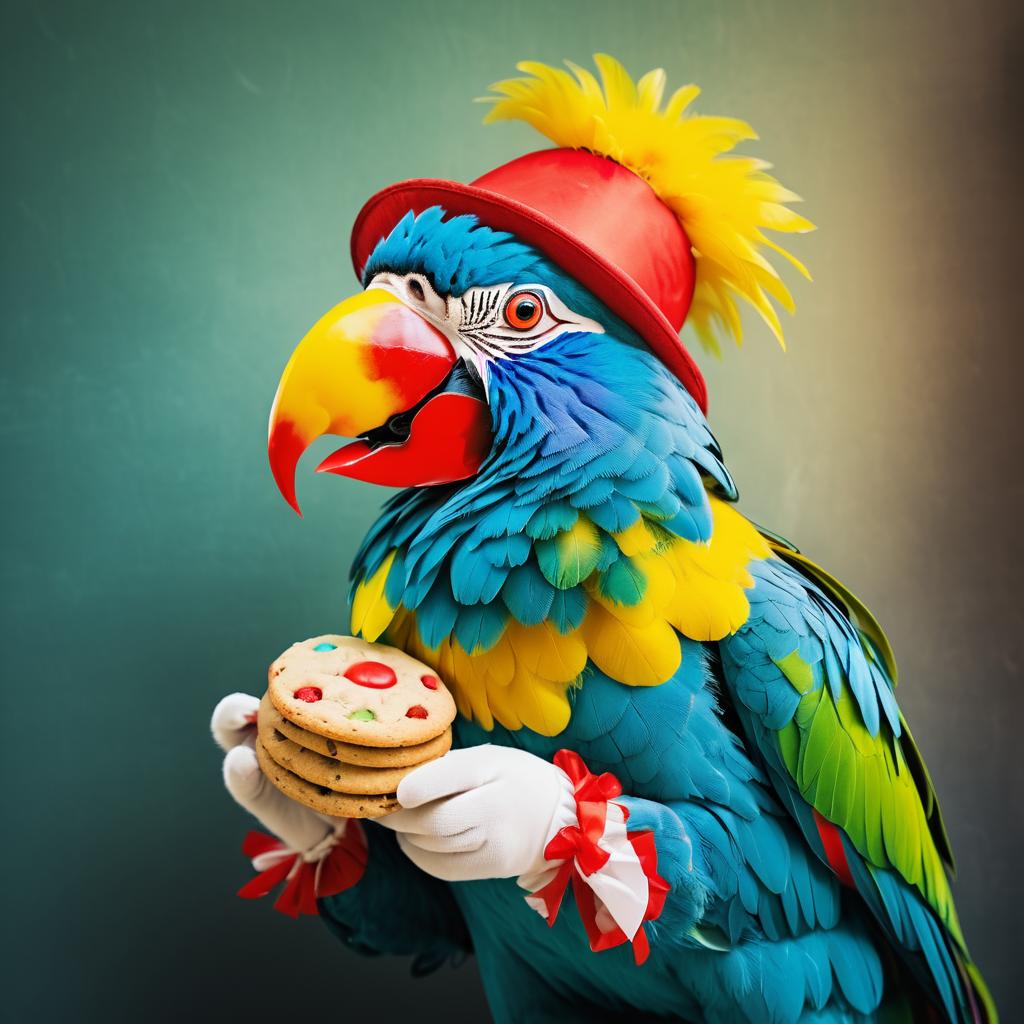 Whimsical Clown Parrot Enjoying a Cookie