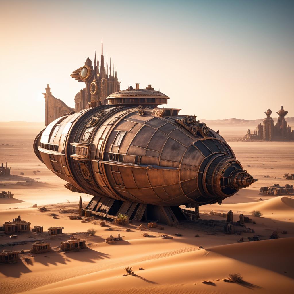 Giant Steampunk Spacecraft at Sunrise