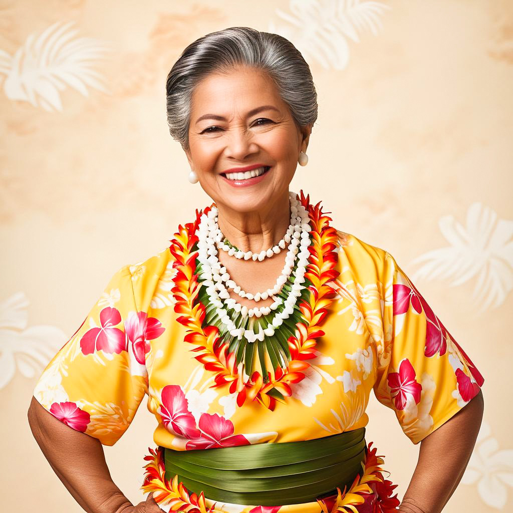 Proud Elderly Woman in Hula Festival Attire