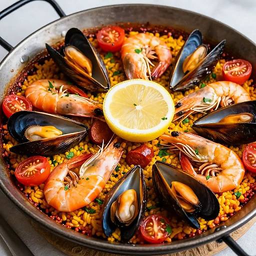Photograph of a colorful seafood paella with black mussels, shrimp, cherry tomatoes, lemon slice, and saffron rice, in a rustic