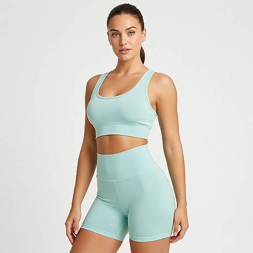 Photograph of a fit, light-skinned woman with brown hair in a ponytail, wearing light blue sports bra and high-waisted shorts,