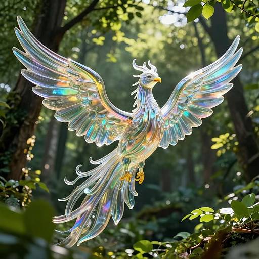 Illuminated, iridescent phoenix with rainbow feathers soaring in a sunlit forest. Digital art featuring delicate, translucent wings and a glowing beak