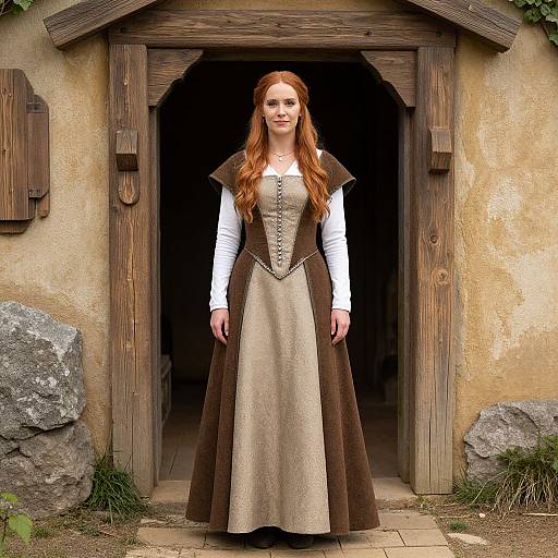 Photograph of a red-haired woman in a medieval-style brown and beige dress with white sleeves, standing in a rustic wooden doorway.