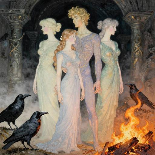 Mystical Figures in Ancient Crypt with Ravens and Fire
