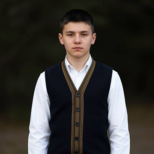 Photograph of a young boy with short black hair, fair skin, and brown eyes, wearing a white shirt and black vest with brown trim, standing