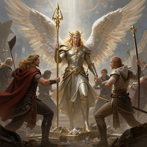 Digital fantasy artwork: Angelic queen with golden armor, wings, and trident, flanked by muscular warriors with spears, commanding an epic battlefield