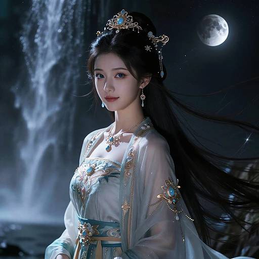 Elegant Young Woman in Traditional Hanfu by Waterfall at Night