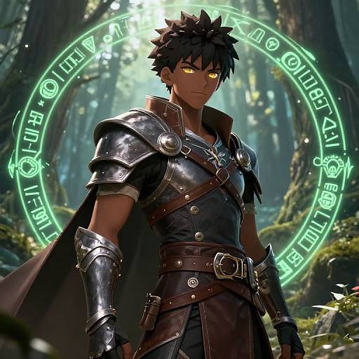 Digital art of a dark-skinned, yellow-eyed, spiky-haired anime warrior with shiny armor and leather gear, standing in a mystical forest with glowing