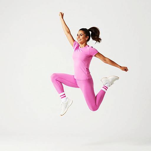Photograph of a joyful, dark-haired woman in pink athletic outfit and white sneakers, mid-air jump, arms raised, white background.