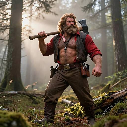Photograph of a muscular, bearded man with wavy brown hair, wearing a red shirt, dark vest, and brown pants, holding an axe
