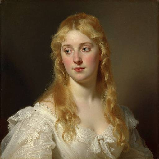 Photorealistic painting of a young, fair-skinned woman with long, wavy blonde hair, wearing a delicate, white, lace-trimmed