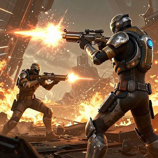 Digital artwork of two armored soldiers firing handguns in a fiery, war-torn cityscape. Bright explosions illuminate the background, with debris scattered around. Both
