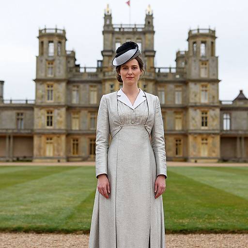 Photograph of a smiling woman in a white long-sleeve dress and black-and-white hat standing in front of a grand, historic stone mansion with