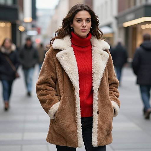 Photograph of a confident woman with wavy brown hair, wearing a brown fur coat with white shearling lining, red turtleneck, and black