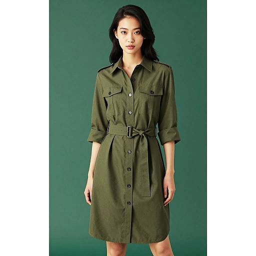 Confident Woman in Olive Shirt Dress