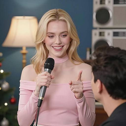 Blonde Woman Singing with a Mic