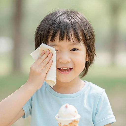 Photograph of a smiling Asian child with short black hair, wearing a light blue shirt, wiping face with a white napkin outdoors. Blurred green